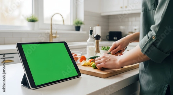 Obraz Person Preparing Vegetables in Modern Bright Kitchen with Green Screen Tablet