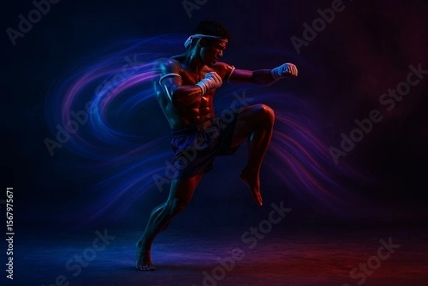 Fototapeta Dynamic Muay Thai Fighter in Motion with Vivid Lighting