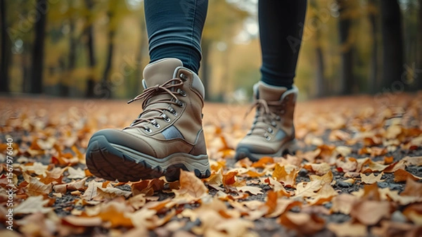 Fototapeta Close-up of female legs in hiking boots walking on the ground with yellow-orange dry autumn leaves in the park and forest in autumn season. Generative AI
