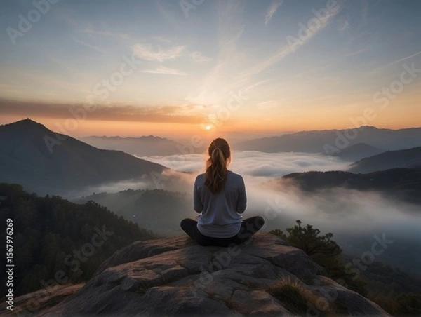 Fototapeta photo shot of woman practices maditation from the back and meditates on mountain background