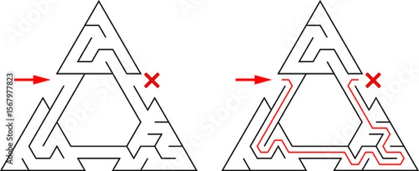 Fototapeta Three triangles tied with passageway. Easy level of difficulty triangular labyrinth with solution. Black and white vector puzzle for kids and parents
