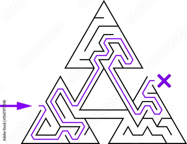 Fototapeta Three triangles tied with passageway. Easy level of difficulty triangular labyrinth with solution. Black and white vector puzzle for kids and parents