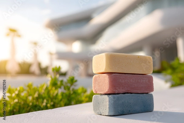 Fototapeta A stack of four colorful solid shampoo bars sits against a backdrop of modern white architecture, greenery, and soft natural sunlight creating a serene and eco-friendly scene.