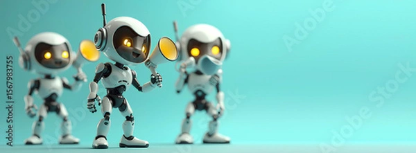 Fototapeta Futuristic AI Robot with Megaphone on White Background – Right Side Copy Space for Advertisement
