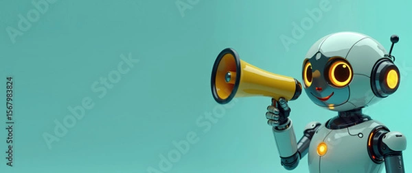 Fototapeta AI Robot Assistant Speaking Through Megaphone with Left Side Copy Space – Futuristic Communication Concept