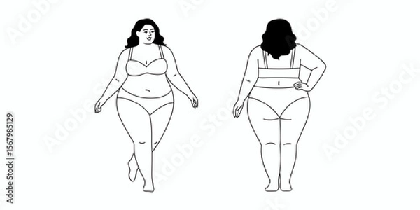 Fototapeta Plus size woman in underwear: Body positive curvy model, one person, confidence, front and back view vector