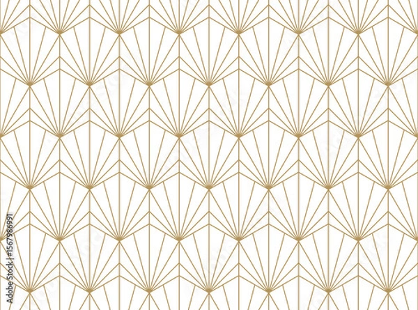 Obraz Luxurious and elegant seamless hexagon pattern featuring a repeating Art Deco-inspired fan motif, outlined in gold lines on transparent background. This design evokes vintage glamour
