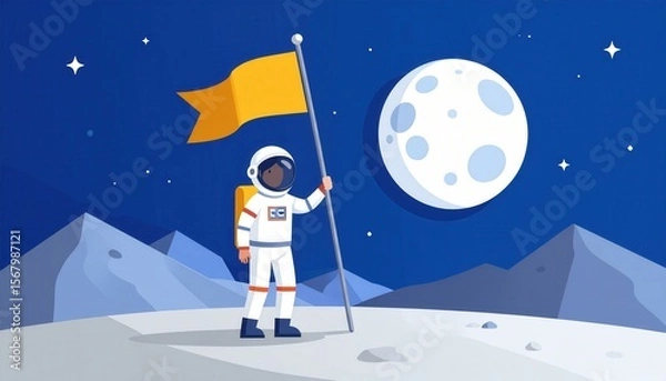 Obraz A lone cartoon astronaut floats in the night sky with the moon and a festive Christmas tree, surrounded by winter stars and a distant house