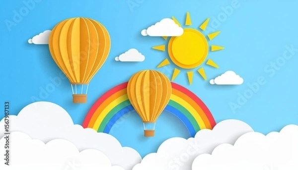 Obraz Abstract vector illustration of a summer sky with clouds, sun, and rainbow rays