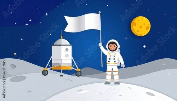 Obraz A lone cartoon astronaut floats in the night sky with the moon and a festive Christmas tree, surrounded by winter stars and a distant house