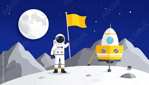 Obraz A lone cartoon astronaut floats in the night sky with the moon and a festive Christmas tree, surrounded by winter stars and a distant house
