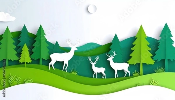 Obraz Vector illustration of a green summer forest landscape with a deer, cow, and sheep grazing in a grassy meadow under a blue sky