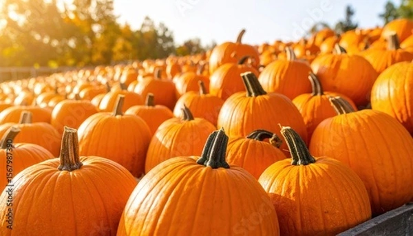 Obraz Here are pumpkins on a farm, an orange autumn harvest for Halloween or Thanksgiving