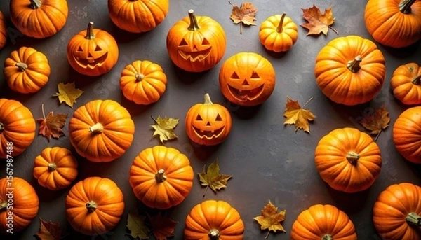 Obraz A spooky set of carved Halloween pumpkins with scary faces isolated on a white background, perfect for autumn holiday decorations