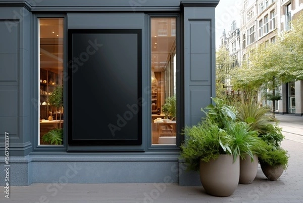 Fototapeta Modern storefront with blank sign and green plants on urban street