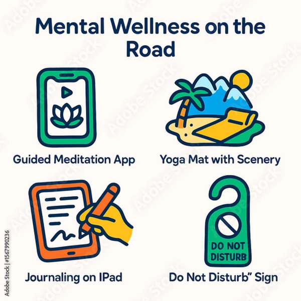 Obraz Illustrations depicting mental wellness practices for a healthy lifestyle on the go.