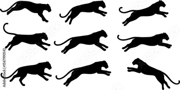 Fototapeta Black Panther Silhouettes: Dynamic Jumping Poses on White Background

