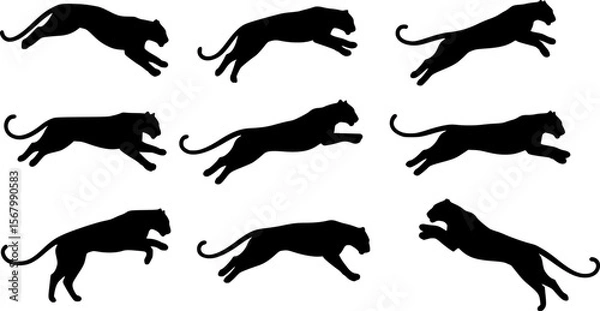Fototapeta Black Panther Silhouettes: Dynamic Jumping Poses on White Background
