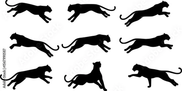 Fototapeta Black Panther Silhouettes: Dynamic Jumping Poses on White Background

