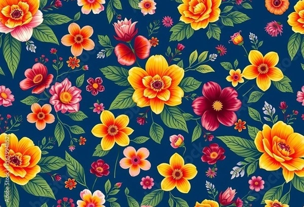 Fototapeta Seamless fantasy floral pattern, vibrant assorted blooms & leaves on a deep blue background, plant, vector