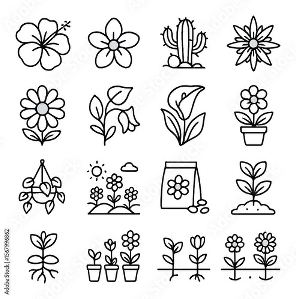 Fototapeta Floral doodle icon collection: flower, botanical, garden themes for creative design