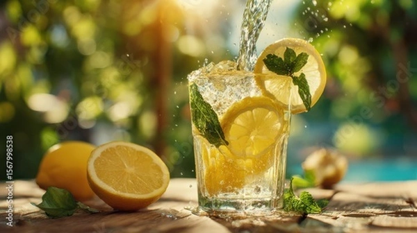 Fototapeta Water is being poured into a glass filled with ice and lemon slices on a rustic wooden table
