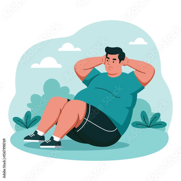 Fototapeta Plus-Size Man Doing Sit-Ups During Outdoor Workout