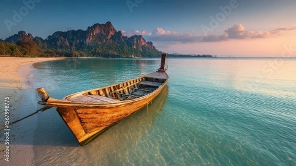 Fototapeta Wooden longtail boat resting on a serene sandy beach with mountains visible under a clear early