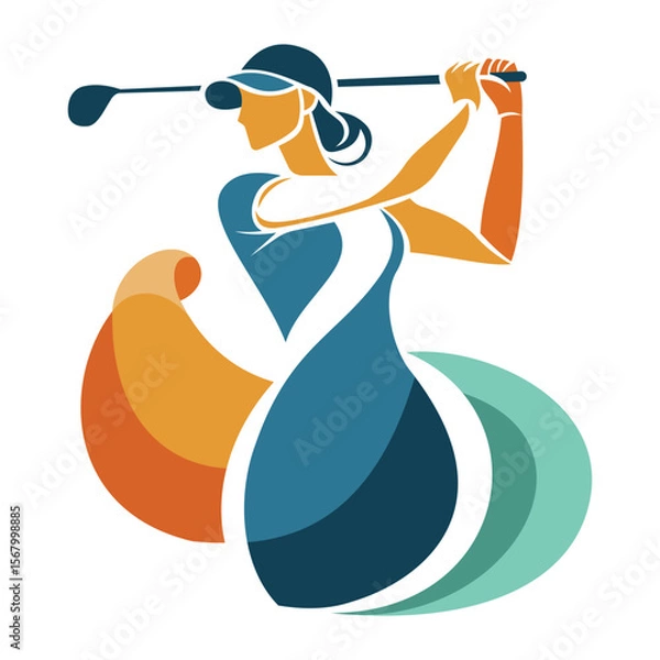 Fototapeta Stylized Vector of Female Golfer Swinging Club in Dynamic Pose