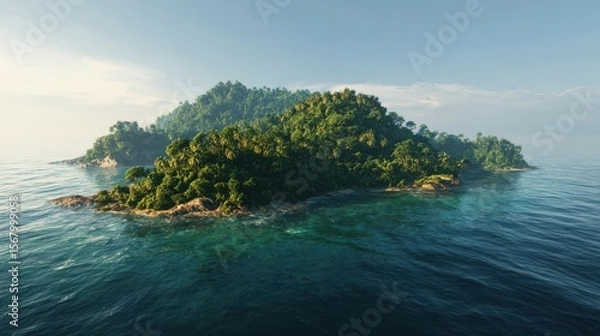 Fototapeta Lush tropical island covered in green trees and palms surrounded by clear turquoise ocean water
