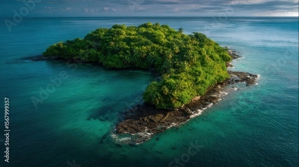 Fototapeta Aerial view depicts a tropical island covered in green vegetation surrounded by turquoise ocean