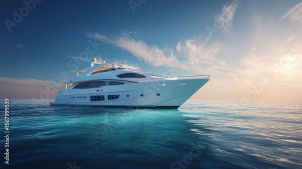 Fototapeta White luxury yacht on calm blue water under a bright sky with scattered clouds and golden light at