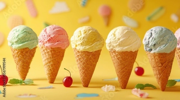 Fototapeta A vibrant display of ice cream cones in multiple flavors arranged against a bright yellow background