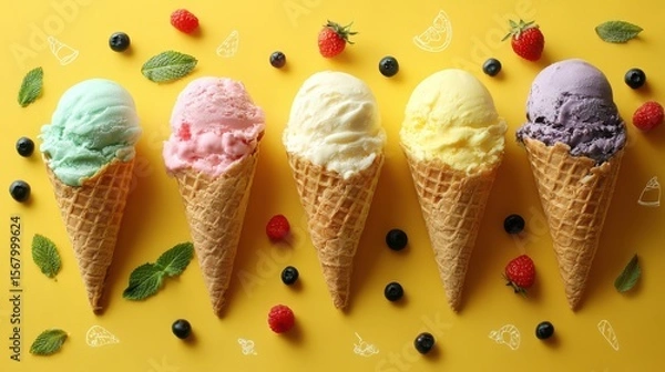 Fototapeta Five ice cream cones with varying flavors berries and mint leaves on a bright yellow background