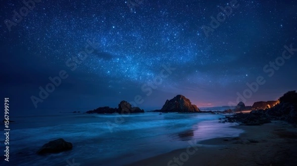 Fototapeta Nightscape featuring a dark beach with rock formations under a bright starry sky and gentle waves
