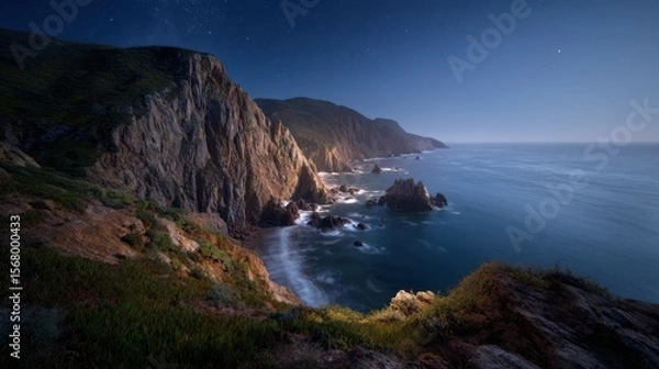 Fototapeta Rocky cliffs along a dark ocean under a starlit sky featuring green vegetation and crashing waves