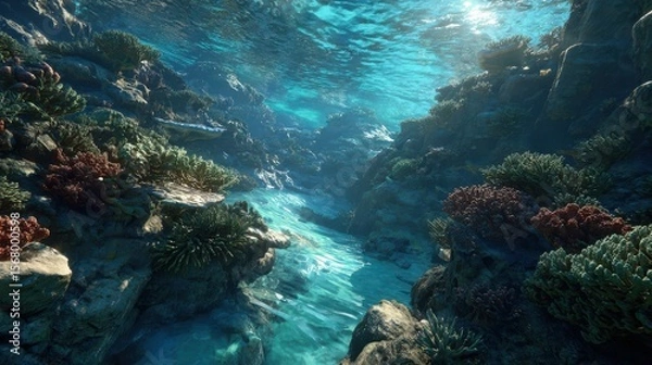 Fototapeta Underwater scene with clear turquoise water featuring rocky formations and various coral reefs under