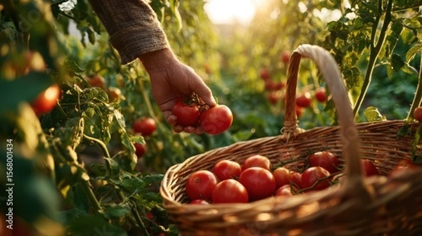 Fototapeta Hand picking ripe red tomatoes from the vine placing them into a woven basket in a garden at sunset