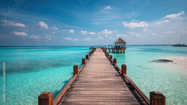 Fototapeta Wooden pier extending over turquoise ocean water under a partly cloudy blue sky leading to a gazebo