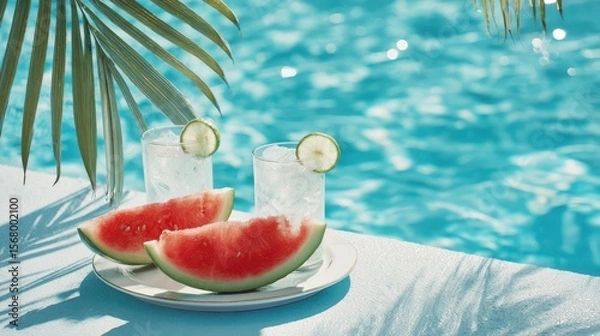 Fototapeta Two slices of watermelon and glasses of water with lime near a pool with a palm leaf casting shadows