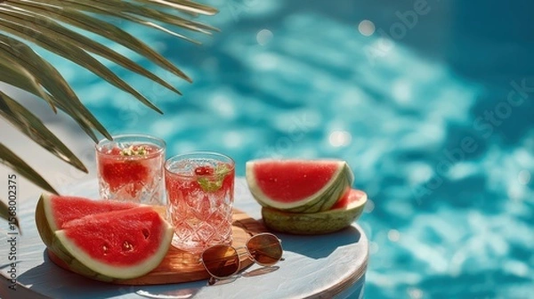 Fototapeta Two glasses of watermelon drink and watermelon slices are placed on a table near the pool's edge