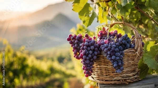 Fototapeta A Wicker Basket Filled with Dark Grapes on a Wooden Surface with Vineyard and Mountain Background