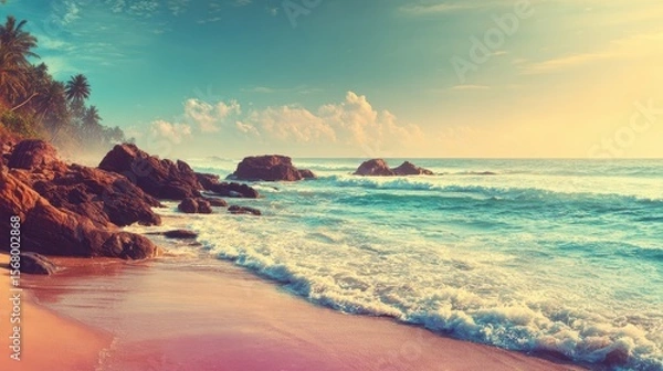Fototapeta Turquoise ocean waves approaching a sandy beach with large rocks and tropical palm trees under a