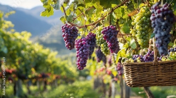 Fototapeta Clusters of ripe purple and green grapes hang above a wicker basket in a lush vineyard setting under