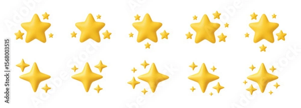 Obraz 3d yellow stars. Realistic star composition. Soft decorative starry shapes. Floating star clusters, starbursts, sparkles, twinkle. Shining stars emoji. Cartoon vector star icons