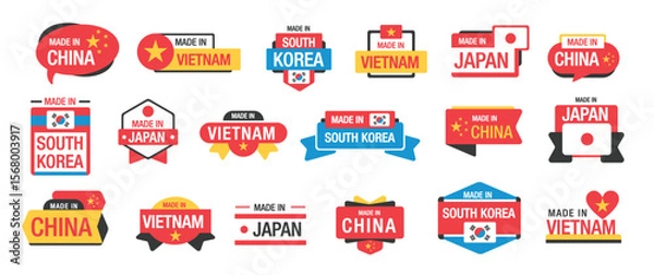 Obraz Made in Asian country badges. Made in Japan, China, South Korea, Vietnam labels. Quality product sticker with Made in Japanese, Chinese, Vietnamese, Korean flags. Vector emblems set