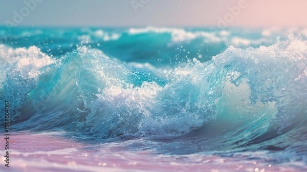 Fototapeta Close up of a turquoise ocean wave cresting with visible splashes and pink sand at the water's edge
