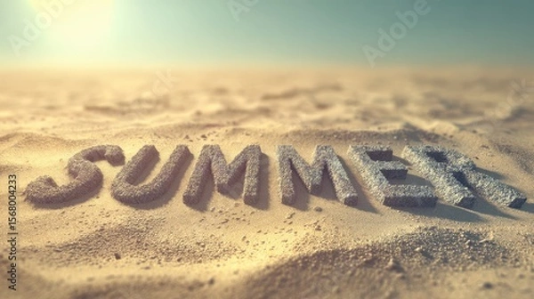 Fototapeta The word 'Summer' formed from sand is sitting on a sandy surface under a bright hazy sky at daytime