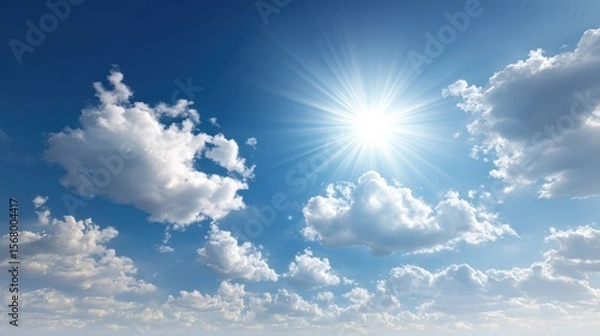 Fototapeta Bright sun shines in a deep blue sky filled with fluffy white cumulus clouds on a clear day