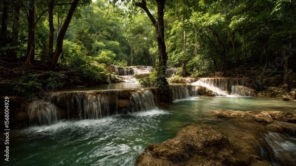 Fototapeta Cascading waterfalls flow into a turquoise pool surrounded by lush green foliage and tall trees in a